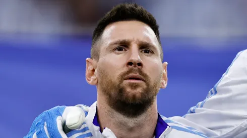 Lionel Messi of Argentina lines up for the national anthem prior to the CONMEBOL Copa America 2024 quarter-final match between Argentina and Ecuador at NRG Stadium on July 04, 2024 in Houston, Texas.
