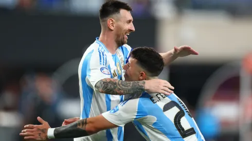 Lionel Messi of Argentina celebrates with teammate Enzo Fernandez after scoring the team's second goal during the CONMEBOL Copa America 2024 semifinal match between Canada and Argentina at MetLife Stadium
