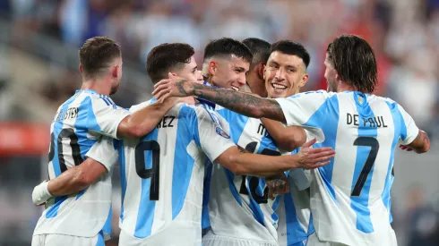 Lionel Messi of Argentina celebrates with teammates after scoring the team's second goal during the CONMEBOL Copa America 2024 semifinal match between Canada and Argentina