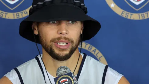 Stephen Curry #4 of the 2024 USA Basketball Men's National Team talks to members of the media after a practice session during the team's training camp.
