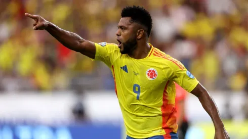 Miguel Borja of Colombia celebrates after scoring the team's fifth goal during the CONMEBOL Copa America 2024 quarter-final match between Colombia and Panama at State Farm Stadium on July 06, 2024 in Glendale, Arizona.
