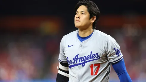 Shohei Ohtani #17 of the Los Angeles Dodgers reacts after striking out against the Philadelphia Phillies in the seventh inning at Citizens Bank Park on July 10, 2024 in Philadelphia, Pennsylvania. 
