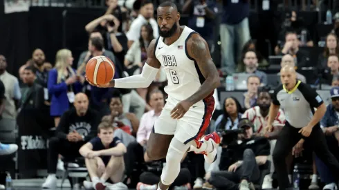 LeBron James #6 of the United States brings the ball up the court against Canada in the second half of their exhibition game ahead of the Paris Olympic Games at T-Mobile Arena on July 10, 2024 in Las Vegas, Nevada. The United States defeated Canada 86-72.