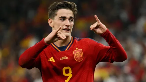 Gavi of Spain celebrates after scoring their team's fifth goal during the FIFA World Cup Qatar 2022 Group E match between Spain and Costa Rica at Al Thumama Stadium on November 23, 2022 in Doha, Qatar.
