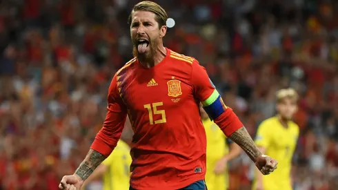Sergio Ramos of Spain celebrates after scoring his team's first goal during the UEFA Euro 2020 qualifier match between Spain and Sweden at Bernabeu on June 10, 2019 in Madrid, Spain.
