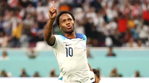 Raheem Sterling of England celebrates after scoring their team's third goal during the FIFA World Cup Qatar 2022 Group B match between England and IR Iran at Khalifa International Stadium on November 21, 2022 in Doha, Qatar.