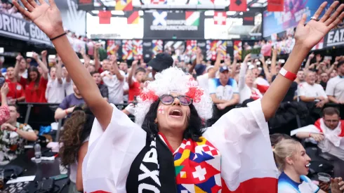 England fans gather to watch the UEFA EURO 2024 semi-finals match between England and Netherlands at Boxpark Croydon on July 10, 2024 in London, England. 
