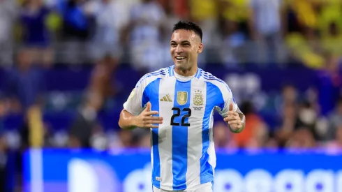 Lautaro Martinez of Argentina celebrates after scoring the team's first goal during the CONMEBOL Copa America 2024 Final match between Argentina and Colombia
