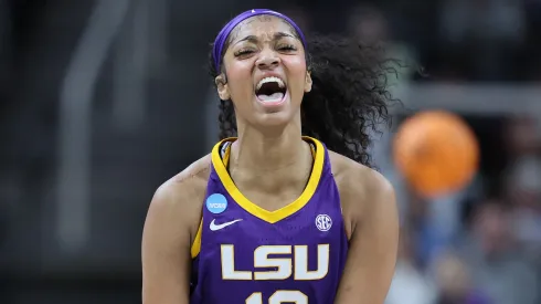 Angel Reese #10 of the LSU Tigers reacts in a game against the UCLA Bruins during the first half in the Sweet 16 round of the NCAA Women's Basketball Tournament at MVP Arena on March 30, 2024 in Albany, New York.
