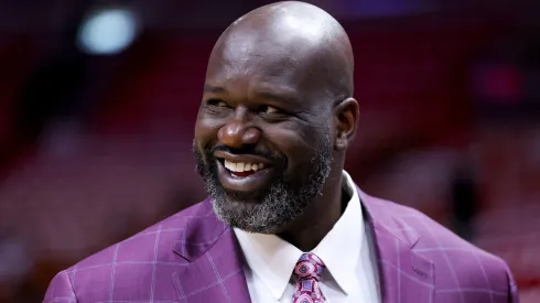 Shaquille O'Neal looks on prior to a game between the Boston Celtics and Miami Heat at Kaseya Center
