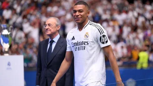 Real Madrid new signing, Kylian Mbappe is unveiled at Estadio Santiago Bernabeu on July 16, 2024 in Madrid, Spain.
