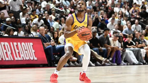 Bronny James Jr. #9 of the Los Angeles Lakers takes a shot against the Houston Rockets in the first half of a 2024 NBA Summer League game at the Thomas & Mack Center on July 12, 2024 in Las Vegas, Nevada. The Rockets defeated the Lakers 99-80. 
