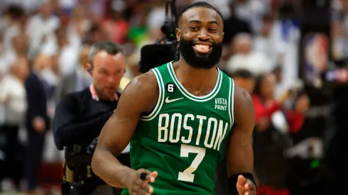 Jaylen Brown #7 of the Boston Celtics reacts to defeating the Miami Heat 104-103 in game six of the Eastern Conference Finals at Kaseya Center on May 27, 2023 in Miami, Florida. 
