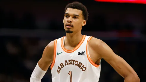 Victor Wembanyama #1 of the San Antonio Spurs reacts to a play during the second half of an NBA game against the New Orleans Pelicans at Smoothie King Center