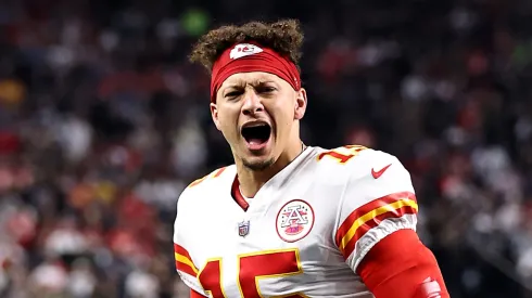 Patrick Mahomes #15 of the Kansas City Chiefs yells encouragement at fans prior to the first half of a game against the Las Vegas Raiders at Allegiant Stadium on November 14, 2021 in Las Vegas, Nevada.
