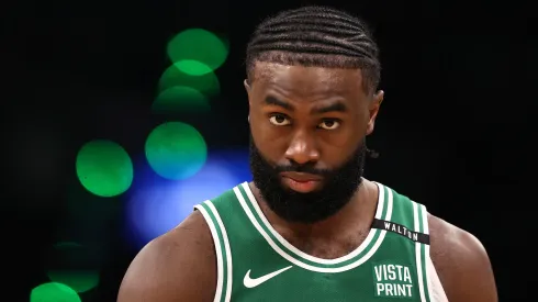 Jaylen Brown #7 of the Boston Celtics looks on during the second quarter of Game Five of the 2024 NBA Finals against the Dallas Mavericks
