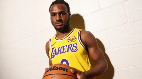 Bronny James #9 of the Los Angeles Lakers poses for a portrait during the 2024 NBA Rookie Photo Shoot at UNLV on July 16, 2024 in Las Vegas, Nevada.
