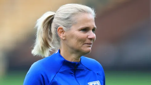 Sarina Wiegman, Manager of England, looks on during a Training Session at Carrow Road on July 11, 2024 in Norwich, England.

