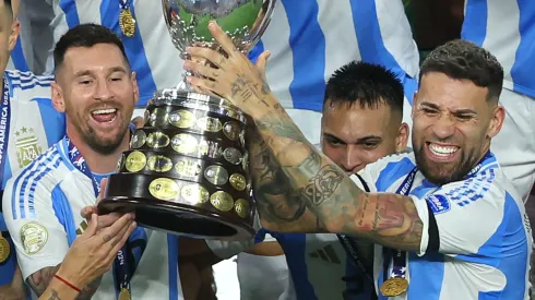 Lionel Messi of Argentina celebrates with the trophy after the team's victory during the CONMEBOL Copa America 2024.

