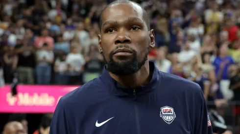Kevin Durant #7 of the United States walks on the court after the team's 86-72 victory over Canada in their exhibition game ahead of the Paris Olympic Games at T-Mobile Arena on July 10, 2024 in Las Vegas, Nevada.
