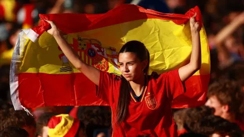 Fans celebrate during the Spain EURO 2024 Trophy Parade on July 15, 2024 in Madrid, Spain.
