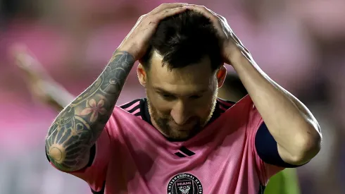 Lionel Messi #10 of Inter Miami CF reacts after missing a shot on goal against the Nashville SC during the first half in the Concacaf Champions Cup Round of 16 match at Chase Stadium on March 13, 2024 in Fort Lauderdale, Florida.
