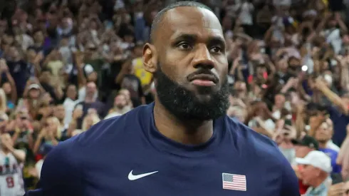 LeBron James #6 of the United States runs onto the court for an exhibition game against Canada ahead of the Paris Olympic Games.
