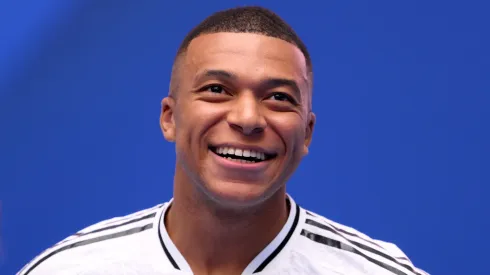 Real Madrid new signing, Kylian Mbappe is unveiled at Estadio Santiago Bernabeu on July 16, 2024 in Madrid, Spain.
