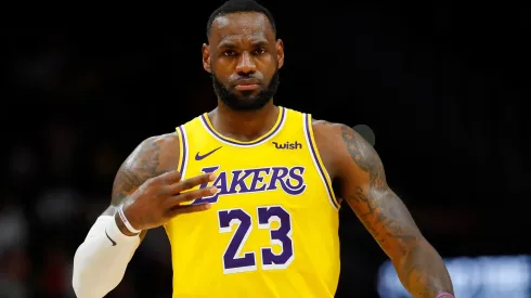 LeBron James #23 of the Los Angeles Lakers reacts after hitting a three-point basket against the Atlanta Hawks in the second half at State Farm Arena on December 15, 2019 in Atlanta, Georgia.
