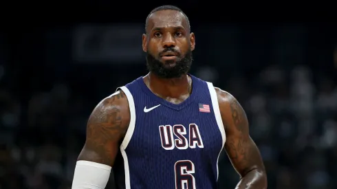 LeBron James #6 of the United States walks the court during the first half of an exhibition game between the United States and Australia

