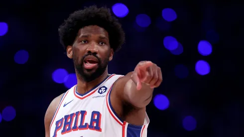 Joel Embiid #21 of the Philadelphia 76ers reacts before the opening tipoff against the New York Knicks at Madison Square Garden
