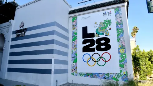 The LA28 Olympic mural by Artist Steven Harrington is displayed on the corner of Stanley street and Sunset Boulevard.
