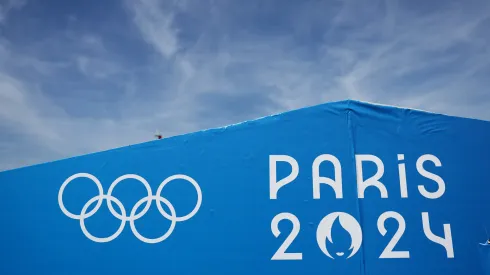 Olympic branding is seen at Vaires-Sur-Marne Nautical Stadium on July 20, 2024 in Paris, France.