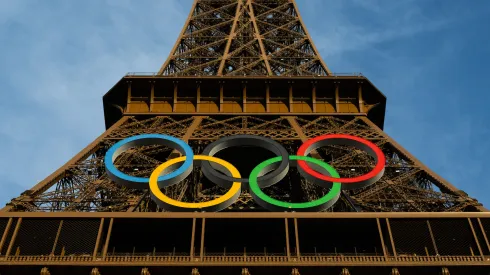 A general view of the Eiffel Tower at as the Olympic Rings are displayed during previews ahead of the Paris 2024 Olympic
