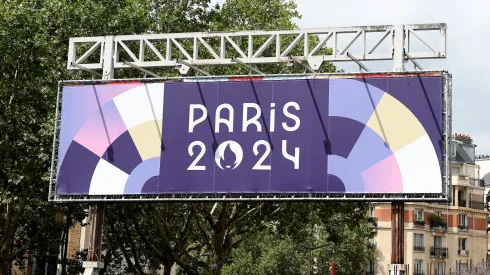A sign is displayed near the South Paris Arena on July 22, 2024 in Paris, France.
