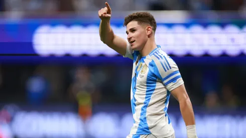 Julian Alvarez of Argentina celebrates after scoring the team's first goal during the CONMEBOL Copa America group A match between Argentina and Canada at Mercedes-Benz Stadium on June 20, 2024 in Atlanta, Georgia.
