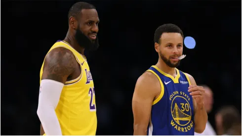 LeBron James #23 of the Los Angeles Lakers and Stephen Curry #30 of the Golden State Warriors.
