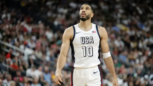 Jayson Tatum #10 of the United States walks on the court during a break in the second half of an exhibition game against Canada ahead of the Paris Olympic Games