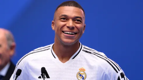 Real Madrid new signing, Kylian Mbappe is unveiled at Estadio Santiago Bernabeu on July 16, 2024 in Madrid, Spain.
