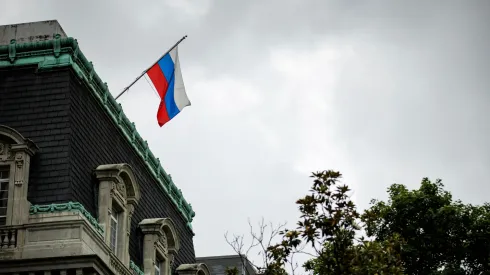 The Russian flag flies above the Russian Ambassador's residence in Washington