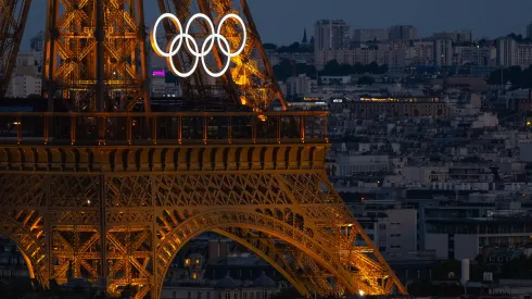A general view of the Eiffel Tower with the Olympic Rings from the Arc de Triomphe ahead of the Opening Ceremony of the Paris 2024 Olympic Games on July 21, 2024 in Paris, France. 
