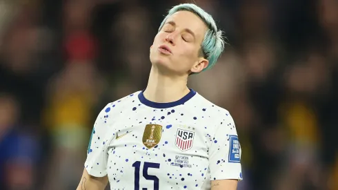 Megan Rapinoe of USA reacts after missing her team's fourth penalty in the penalty shoot out during the FIFA Women's World Cup Australia & New Zealand 2023 Round of 16 match between Sweden and USA at Melbourne Rectangular Stadium on August 06, 2023 in Melbourne / Naarm, Australia.