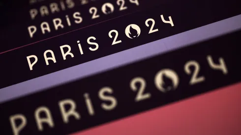 A detail of "Paris 2024" signage is seen around the Volleyball court in the South Paris Arena ahead of the Paris 2024 Olympic Games on July 22, 2024 in Paris, France. 
