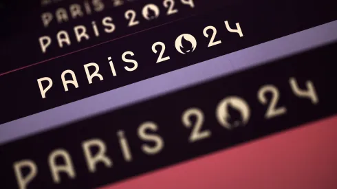 A detail of "Paris 2024" signage is seen around the Volleyball court in the South Paris Arena ahead of the Paris 2024 Olympic Games on July 22, 2024 in Paris, France.