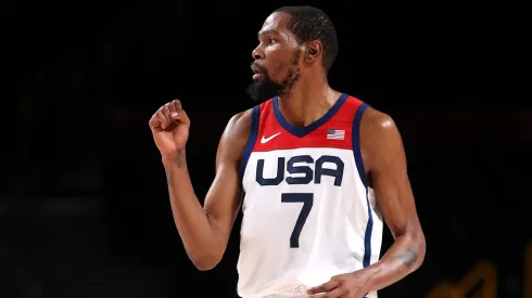 Kevin Durant #7 of Team United States pumps his fist against Czech Republic during the second half of a Men's Basketball Preliminary Round Group A game on day eight of the Tokyo 2020 Olympic Games at Saitama Super Arena on July 31, 2021 in Saitama, Japan.
