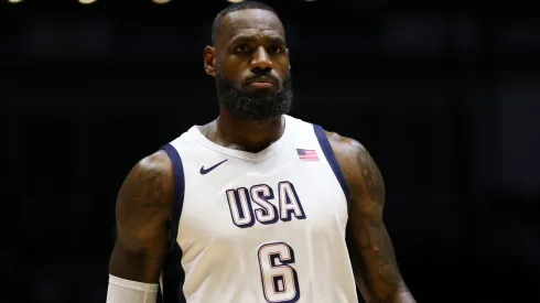 LeBron James of The United States looks on during the 2024 USA Basketball Showcase match between USA and Germany at The O2 Arena on July 22, 2024 in London, England.