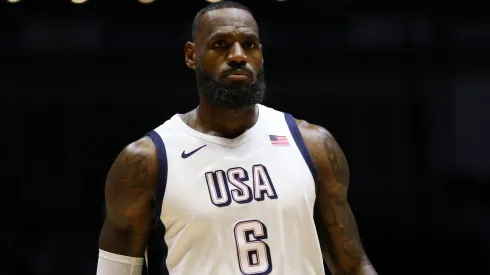LeBron James of The United States looks on during the 2024 USA Basketball Showcase match between USA and Germany at The O2 Arena on July 22, 2024 in London, England.
