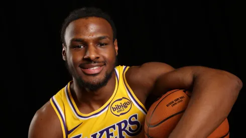 Bronny James #9 of the Los Angeles Lakers poses for a portrait during the 2024 NBA Rookie Photo Shoot at UNLV on July 16, 2024 in Las Vegas, Nevada.
