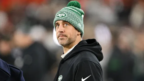 Aaron Rodgers #8 of the New York Jets looks on prior to playing the Cleveland Browns at Cleveland Browns Stadium on December 28, 2023 in Cleveland, Ohio.
