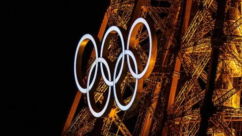 The Olympic rings sit on display on Eiffel Tower ahead of the Opening Ceremony of the Paris 2024 Olympic Games on July 21, 2024 in Paris, France.
